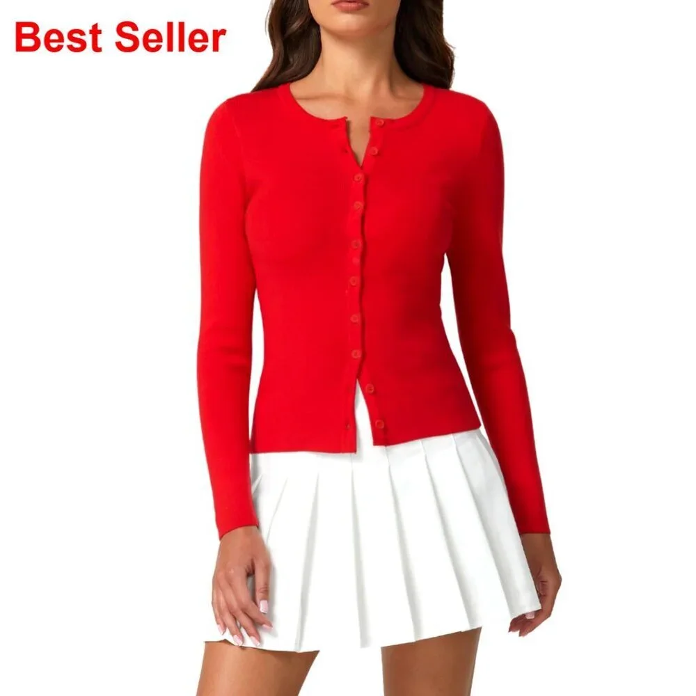 Long Sleeve Crewneck Cardigan Sweater Lightweight Button Down Knit Top
